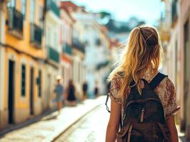 ai generiert jung weiblich Reisender auf das Straßen von Lissabon, Portugal, entdecken historisch Center und Sehenswürdigkeiten foto