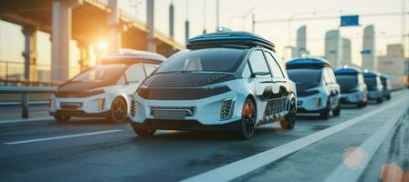 ai generiert futuristisch selbstfahrend Roboter autonom Auto Reiten auf Autobahn mit ai Technologie und Navigation foto