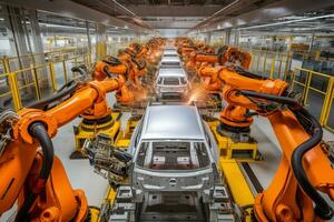 ai generiert Auto Fabrik Förderer Gürtel Versammlung Linie Produktion mit Roboter und künstlich Intelligenz foto