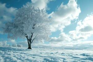 ai generiert einsam Baum steht bedeckt im Frost gegen ein hell Blau Himmel, umgeben durch ein makellos schneebedeckt Landschaft mit Fußabdrücke verstreut über das Vordergrund. foto
