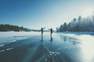 ai generiert jung Paar Eis Skaten Hand im Hand auf ein heiter, gefroren See umgeben durch Schnee bedeckt Bäume auf ein sonnig Tag. foto