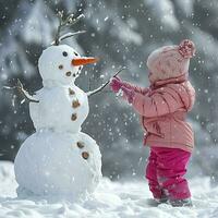 ai generiert froh Kind im ein Rosa Jacke und bunt Hut baut Schneemann auf schneebedeckt Tag, schmücken es mit ein Karotte Nase und Zweig Waffen, unter ein sanft Schneefall. foto