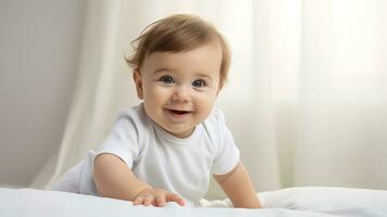 ai generiert froh Baby auf ein Sanft Weiß Bett erreicht aus mit ein winzig Hand, lächelnd spielerisch gegen ein sauber, Licht Hintergrund, Erfassen ein Moment von unschuldig Neugier. foto