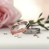 ai generiert schön Platin Ringe mit ein Rose Gold Akzent ist gezeigt oben schließen, positioniert auf ein Weiß Oberfläche mit sanft Sonnenlicht leise Hervorheben das Ringe Einzelheiten im das Hintergrund. foto