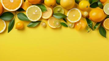 ai generiert saftig Zitrusfrüchte Früchte und Grün Blätter auf Gelb Hintergrund. oben Rand gemacht von frisch Orangen, Zitronen, Clementinen, Zitronen foto