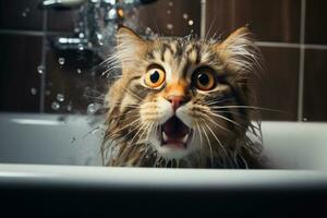 ai generiert ein überrascht Katze mit breit Augen und ein öffnen Mund, umgeben durch planschen Wasser im ein Badewanne foto