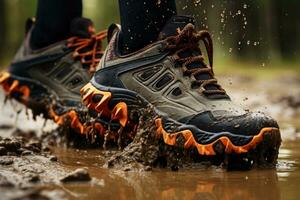 ai generiert ein Paar von Wandern Stiefel planschen durch schlammig Terrain foto