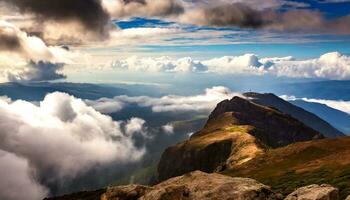 ai generiert ein Aussicht von das Berge und Wolken von das oben von ein Berg foto