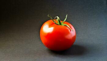 ai generiert ein Single Tomate auf ein schwarz Hintergrund foto