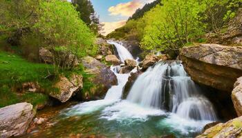 ai generiert schön Wasserfall im das Berge von das Alpen foto