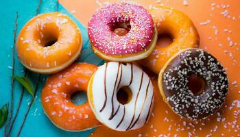 ai generiert ein Gruppe von Donuts auf ein bunt Tabelle foto