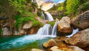 ai generiert schön Wasserfall im das Berge mit Grün Bäume und Felsen foto