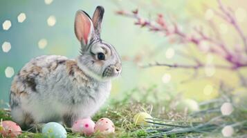 ai generiert Ostern Hase mit gemalt Eier inmitten Blumen. foto