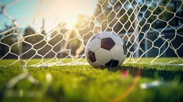 ai generiert Fußball Ball im Netz bedeuten Tor auf sonnig Tag. foto