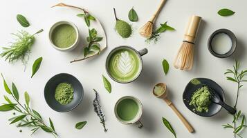 ai generiert vegan Matcha Latté Vorbereitung mit Hafer Milch eben legen foto