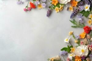 ai generiert Frühling Blumen- Banner mit beschwingt blüht und Kopieren Raum foto