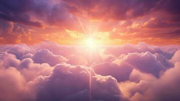 ai generiert ätherisch Wolkenlandschaft ausstrahlen paradiesisch Licht beim Sonnenuntergang foto