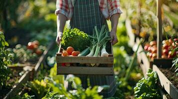 ai generiert frisch geerntet Gemüse im hölzern Kiste im Garten foto