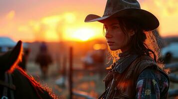 ai generiert kontemplativ Cowgirl im Sonnenuntergang Silhouette auf Ranch. foto
