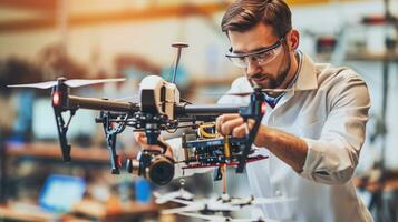 ai generiert Ingenieur konzentriert auf Montage fortgeschritten Antenne Drohne Technologie foto