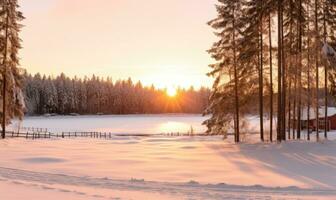 ai generiert Sonnenuntergang im das Winter Wald. schön Winter Landschaft mit ein gefroren See. foto