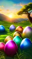 ai generiert Gruppe von Ostern Eier mit hell Farben foto