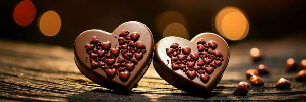 ai generiert zwei Herz gestalten Schokolade, Symbol von Liebe, festlich Element, glücklich Valentinstag Tag, Werbung Material foto