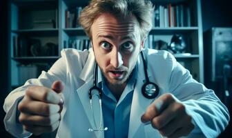 ai generiert Fachmann Arzt Mann im ein medizinisch Mantel mit ein Stethoskop. posieren auf das dunkel Hintergrund, das mittleren Alters Arzt suchen beim das Kamera. foto