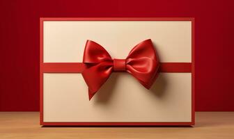 ai generiert ein Weiß Geschenk Box mit ein rot Bogen auf ein rot Hintergrund. Valentinstag Tag Feier. Weihnachten. generiert durch künstlich Intelligenz. foto