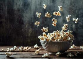 ai generiert Popcorn fallen von Schüssel auf hölzern Tabelle foto
