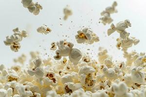 ai generiert Popcorn fliegend über ein Weiß Hintergrund foto