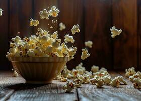 ai generiert Popcorn fallen von Schüssel auf hölzern Tabelle foto