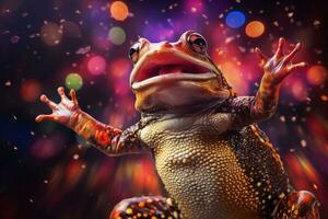 ai generiert Regenbogen Frosch auf Regenbogen Blitz Hintergrund foto