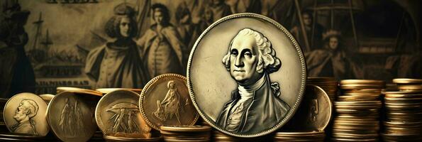ai generiert ein Porträt von George Washington auf ein Jahrgang Münze Sammlung Hintergrund mit leeren Raum zum Text foto