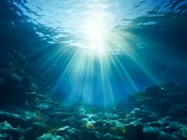 ai generiert unter Wasser Ozean Blau Abgrund Tauchen Szene mit natürlich Meer Leben und Sonnenlicht foto