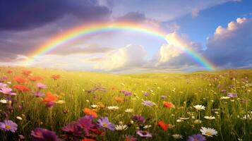 ai generiert ein friedlich Landschaft Wiese Feld mit Regenbogen im das Himmel foto