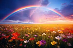 ai generiert ein friedlich Landschaft Wiese Feld mit Regenbogen im das Himmel foto