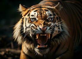 ai generiert Porträt von Tiger Gesicht brüllend schließen hoch. generativ ai. foto
