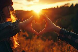 ai generiert Valentinsgrüße Tag Konzept, jung Mann und Frau Erstellen Herz gestalten durch Hände beim Sonnenuntergang. generativ ai foto