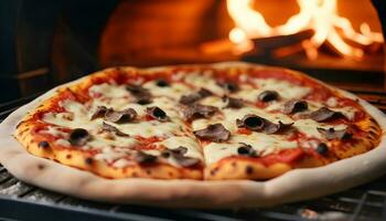 ai generiert köstlich Peperoni Pizza im ein Italienisch Pizzeria Küche foto