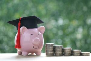 Abschluss Hut auf Schweinchen Bank mit Stapel von Münzen Geld auf natürlich Grün Hintergrund, Speichern Geld zum Bildung Konzept foto