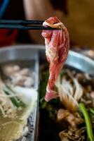 halten geschnitten Rindfleisch Fleisch durch Essstäbchen Essen Shabu, foto