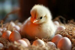 ai generiert Küken ausgebrütet von ein Ei sitzt im ein Nest, Öko-Bauernhof und das Idee von ein Postkarte mit Herzliche Glückwünsche auf Frühling und Ostern und Neu Leben foto