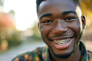 ai generiert afrikanisch amerikanisch Person mit Hosenträger lächelnd. das Konzept von modern Zahnheilkunde. generativ ai foto