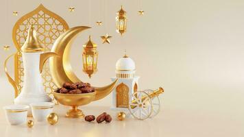 3d Ramadan kareem Podium mit golden Mond Star und Laterne, Moschee Tür islamisch Muster, Arabisch Kaffee Topf, Datum Palme Frucht, Podium wie Luxus islamisch Hintergrund. Dekoration zum Ramadan karem. foto