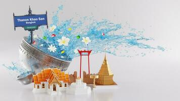 3d Rendern Illustration Hintergrund zum Songkran Festival Hintergrund im Thailand Wasser Festival 3d mit mit Blau Wasser Spritzer, thailändisch die Architektur. foto