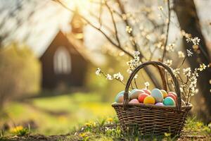 ai generiert ein traditionell Ostern mit ein Korb voll Eier und ein klein Kirche im das Hintergrund. generativ ai foto