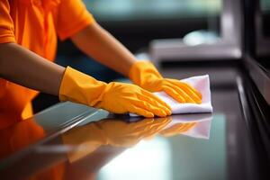 ai generiert schließen oben Hände tragen Orange Gummi Handschuhe Reinigung das Arbeit Schreibtisch. generativ ai foto