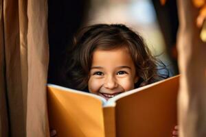 ai generiert komisch lockiges Haar Mädchen späht aus von hinter ein öffnen Buch, Kinder Buch Tag, Wissen Tag, Kinder Bibliothek foto