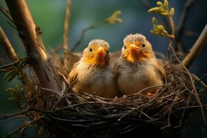 ai generiert International Vogel Tag, klein Küken im ein Nest, ein Stroh Nest auf ein Zweig, wild Vögel foto